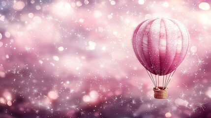 Obraz premium Hot air balloon on pink-purple backdrop with snowflakes and sparkles