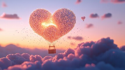 Fototapeta premium A heart-shaped balloon floats in the sky, with a box in its center surrounded by miniature dots