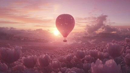 Fototapeta premium A hot air balloon soars above a field of tulips as the sun sets behind it