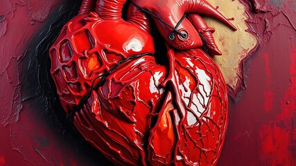 A beating, crimson organ with valves and chambers visible, nestled in a softened layer of fatty tissue, surrounded by delicate strands of connecting vessels and aortic arch.