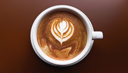 Cappuccino coffee with foam latte art on brown background