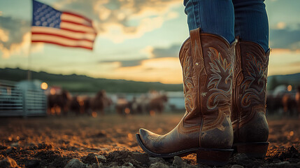 A person wearing cowboy boots observes a rodeo taking place, with an American flag waving majestically nearby as the sun sets.
