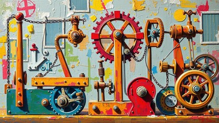 A colorful illustration depicts a set of basic mechanical devices including inclined planes, levers, pulleys, and wheels, demonstrating fundamental principles of simple machines in motion.