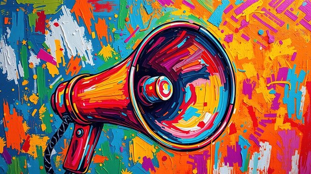 A colorful illustration features a vibrant megaphone shape with customizable text fields and a bold font, perfect for making announcements and gathering attention.