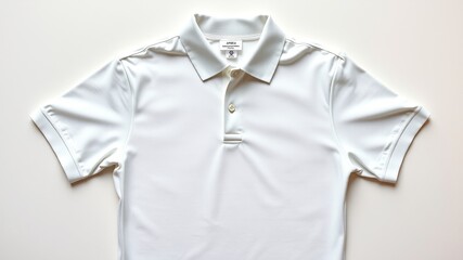 A crisp, fresh white polo shirt with a classic collar and textured fabric, laid flat on a clean surface, highlighting its timeless simplicity and alluring elegance.