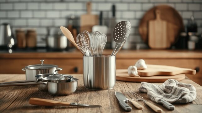 Home kitchen cooking utensils on the wooden table