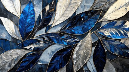 Naklejka premium blue and silver leaves on black-white background; blue sky in background