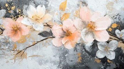   A monochrome painting showcasing a field of pink and white blossoms against a stark backdrop of black and white, adorned with glistening golden leaves on the left