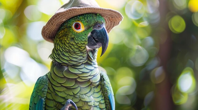 Parrot in Explorer Hat perched ready for adventur