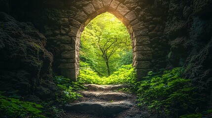   A stone wall tunnel with a bright light at its end leads to a lush green forest