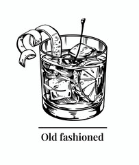 Old fashioned cocktail, one color illustration, engraving style, monochrome vector drawing