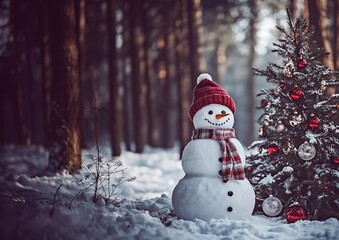 a snowman in a hat and scarf, next to a New Year's decorated Christmas tree, stands in the forest, a Christmas card,