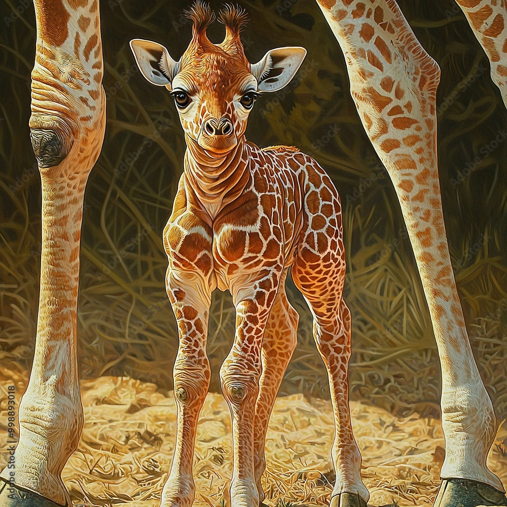 Poster   A baby giraffe stands amidst two adults in a field of parched grass