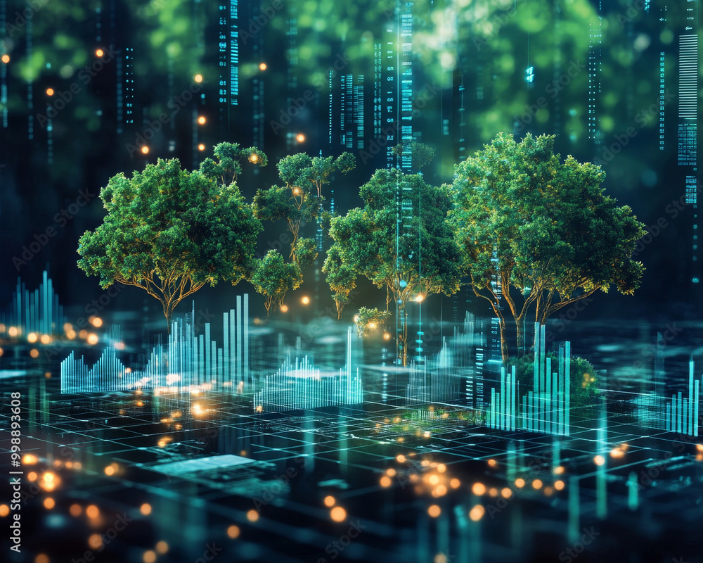 Poster digital representation of trees with data visualization elements, symbolizing intersection of nature