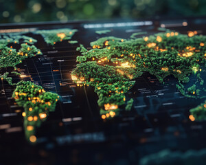 Obraz premium A digital map showcasing global carbon trading markets, highlighting regions with vibrant green forests and illuminated areas representing trading hubs. This visualization emphasizes interconnectednes