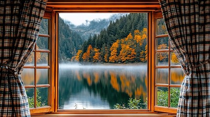 Fototapeta premium A window displaying a lake view with fall-colored trees outside