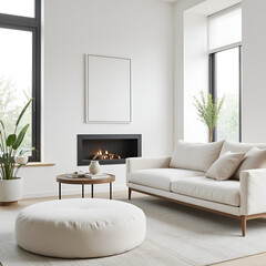 Pouf and side table near white sofa against fireplace and white wall with poster frame. Minimalist interior design of modern living room, home.