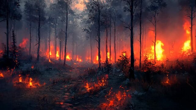 A fire spreads quickly through a remote forest, creating a haunting yet beautiful scene of glowing flames