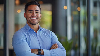A confident businessman in a modern office environment, smiling with arms crossed, representing leadership, success, and professionalism.

