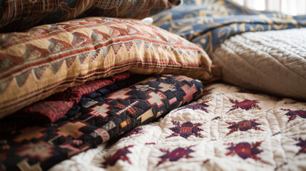 Fototapeta premium A comparison of handcrafted bedding sets from various regions, focusing on their unique patterns, materials, and techniques.