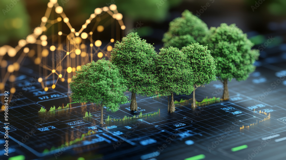 Aufkleber digital visualization of carbon offset credits featuring trees on data grid, symbolizing sustainabil
