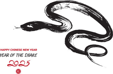 Chinese's Snake Year of the Ink Painting, simbol of 2025 year. Black and white snake.