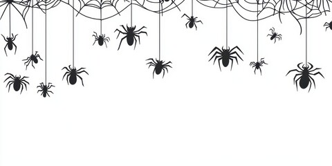 black spider web with hanging spiders on a white background Halloween border or frame design template Generative AI