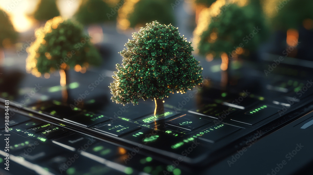 Aufkleber a digital representation of tree growing from futuristic interface symbolizes intersection of techno