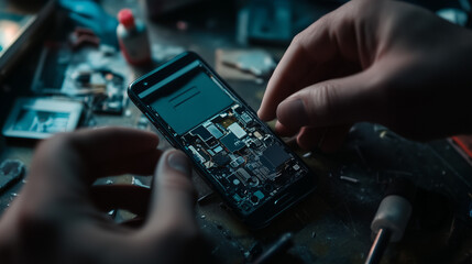Technik siedzi przy stole roboczym, skupiony na naprawie uszkodzonego smartfona. 