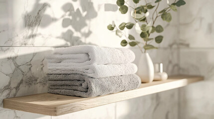   A bottle of essential oils is situated on a nearby shelf alongside a stack of folded towels