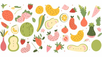 fruits and vegetables in simple shapes and pastel colors on a white background, featuring cartoonish fruit characters and farm tools