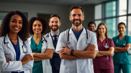 Fototapeta premium Healthcare, portrait and team of doctors in the hospital standing after a consultation or surgery. Success, confidence and group of professional medical workers in collaboration at a medicare clinic.