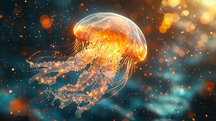   Jellyfish close-up in watery background with many bubbles on its head