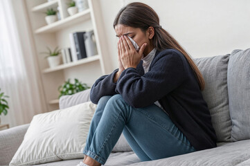 Portrait of crying woman is sitting on a couch with her eyes closed and a tissue in her hand