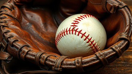 A worn, brown leather baseball glove lies open, its webbing stretching across the opening, a lone, red-stitched baseball nestled softly within its creaking, padded interior.