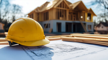 Żółty kask budowlany spoczywa na rozłożonych planach budowy, otoczony narzędziami, a w tle majaczy powstający dom. 