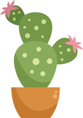 Cartoon drawing of a cactus with pink flowers growing in a terracotta pot