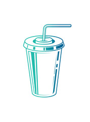 Fast food plastic cup with straw. Hot or cold drink. Original vector illustration in vintage style.