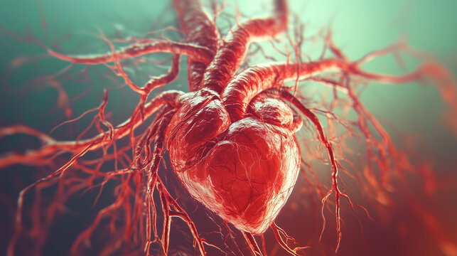 Ludzkie serce wraz z otaczającymi je tętnicami, kt&oacute;re odgrywają fundamentalną rolę w krążeniu krwi.