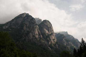 A stunning view of dramatic mountain peaks rising above a dense forest. The peaks are partially shrouded in mist.