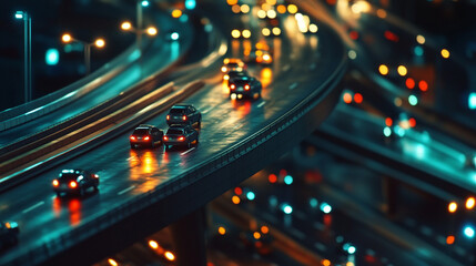 Obraz premium Cars drive on an elevated highway at night, reflecting city lights on the wet road, creating a vibrant urban scene.