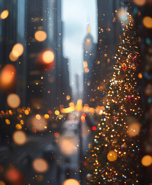 Background Winter city view, close-up, blurred background, aesthetic Christmas photo