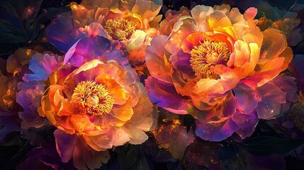 Obraz premium A zoomed-in image of several flowers, with water droplets adorning their petals and forming clusters in between them