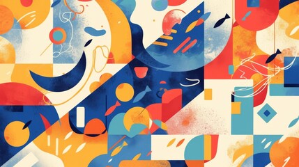 Abstract colorful background vector set featuring simple geometric shapes and line art in a blue, red, orange, green, yellow, and white color scheme.