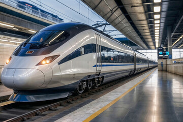 High-speed silver train is sitting on the tracks at a station. The train is long and sleek, with a bright light on the front. Scene is one of anticipation and excitement