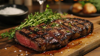   Steak, cutting board, rice, wine