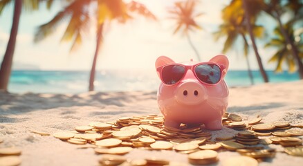 A pink piggy bank wearing sunglasses sits on a beach, surrounded by gold coins. Sunny day and bokeh background of coconut trees and distant sea creates a travel, relaxation and vacation planning idea