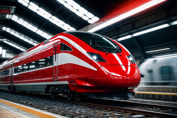 Fototapeta premium High-speed red and white train is moving down the tracks. The train is surrounded by a bright light, which gives the impression of speed and motion. The train is the main focus of the image