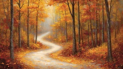Obraz premium Road in forest painting, trees, leaves on either side