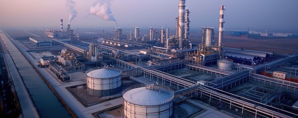 Ethanol production facility at sunrise with smokestacks and pipelines, highlighting industrial infrastructure. Free copy space for banner.